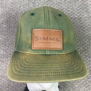 Simms Fishing Snapback Hat Cap Green Cotton with Leather Patch Distressed Faded